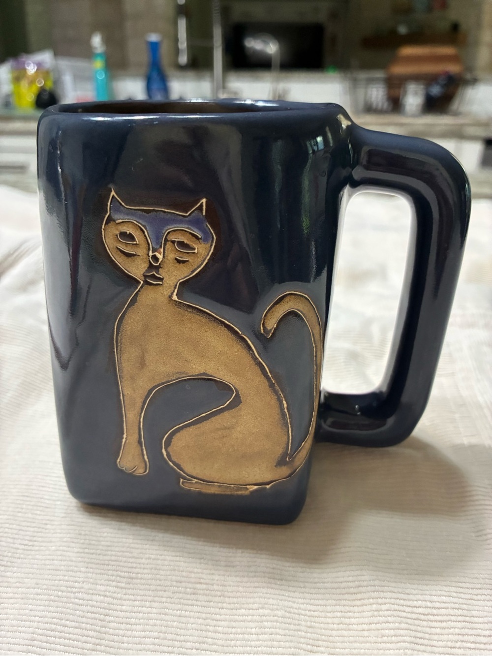 Mara Stoneware Pottery Designs Cat Accent Mug - Navy Blue and Gold